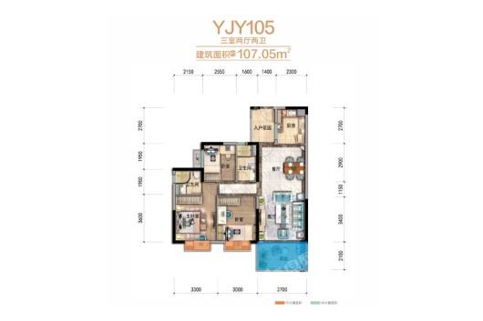 碧桂园城央首府YJY105户型 3室2厅2卫1厨