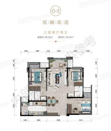 金科天壹府观樾平层G3户型建面约98.29平 3室2厅2卫1厨