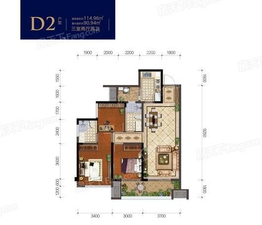 金科·集美江山D2户型建面约114.96平 3室2厅2卫1厨