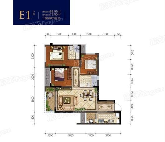 金科·集美江山E1户型建面约98.55㎡ 3室2厅2卫1厨