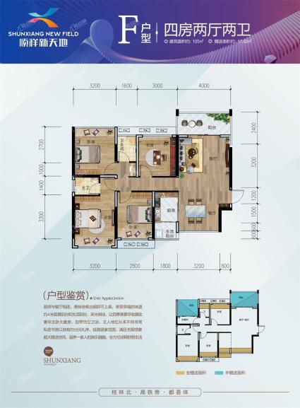 顺祥新天地F户型 四房两厅两卫 约105㎡