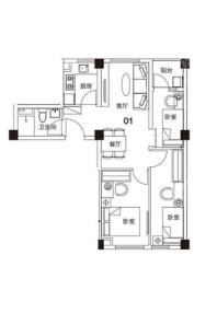瑞万璞悦里2#01户型 3室2厅1卫1厨