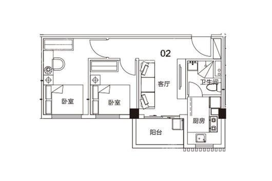 瑞万璞悦里2#02户型 2室2厅1卫1厨