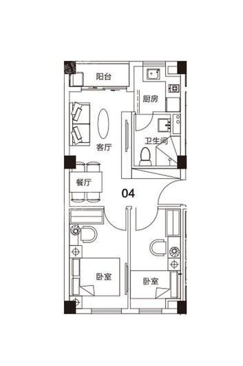 瑞万璞悦里2#04户型 2室2厅1卫1厨