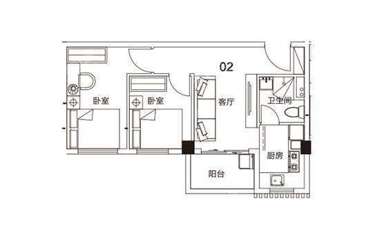 瑞万璞悦里3#02户型 2室2厅1卫1厨