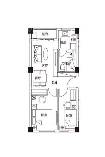 瑞万璞悦里3#04户型 2室2厅1卫1厨