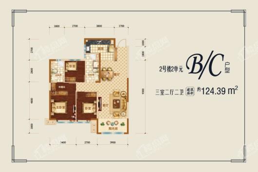 乌兰察布恒大珺庭2号楼2单元B/C户型 3室2厅2卫1厨