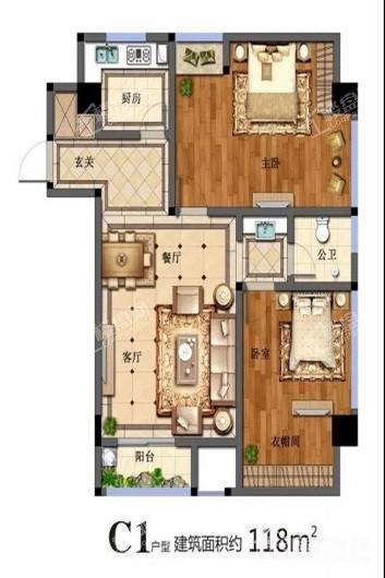 东悦国际C1户型 118㎡ 2室2厅1卫1厨