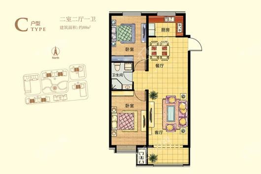 盛德紫悦府C户型 88㎡两居 2室2厅1卫1厨
