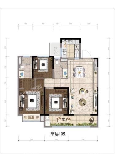 龙湖天璞项目高层106平户型 3室2厅2卫1厨