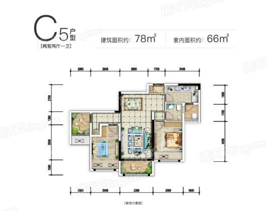 桃源居·悦璟C5户型 2室2厅1卫1厨