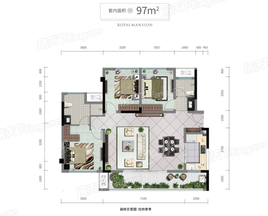 御临府D1户型套内97平 3室2厅2卫1厨