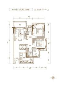 海伦堡·云溪九里1/2座90.11平05户型 3室2厅1卫1厨