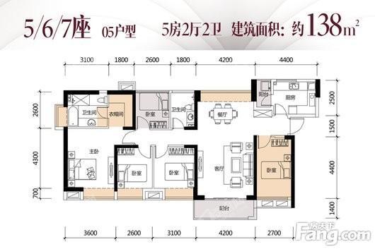 鸿荣源·壹成中心花园5/6/7座05户型 5室2厅2卫1厨