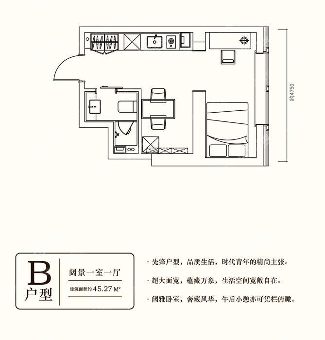 龙创新世纪B-建面45.27㎡-一居-1室1厅1卫-45.3㎡