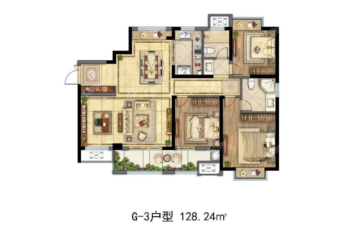 G3户型 4室2厅2卫 建筑面积：约128m²