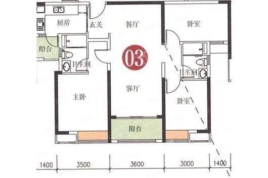 中海雍景熙岸21座115㎡户型 3室2厅2卫1厨