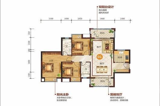 时代新景01户型 3室2厅2卫1厨