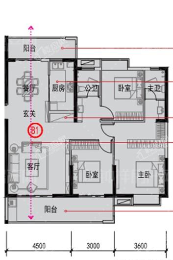 钟祥楚韵兰台B1户型 3室2厅2卫1厨