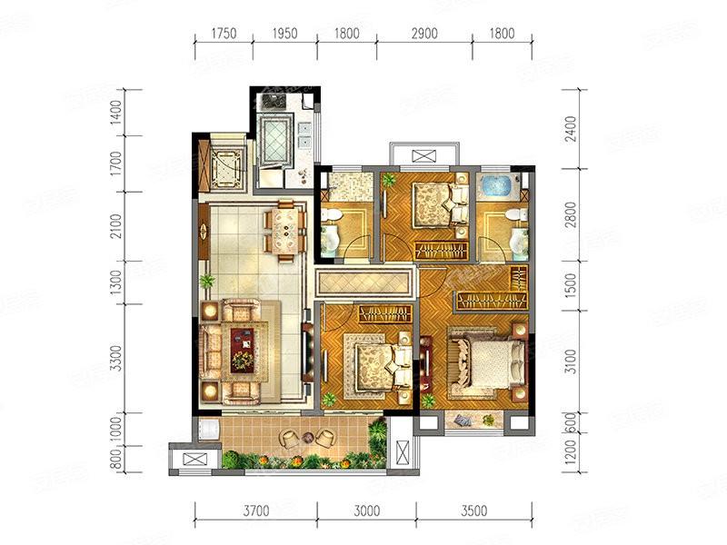 105㎡户型 3室2厅2卫 建筑面积：约105m²