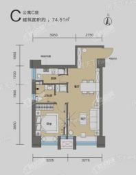 厚德·锦寓公寓C座C户型 1室2厅1卫1厨