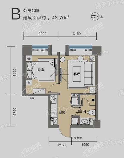 厚德·锦寓公寓C座B户型 1室1厅1卫1厨