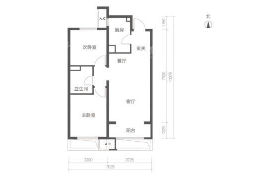 唐庭壹号A1户型 2室2厅1卫1厨