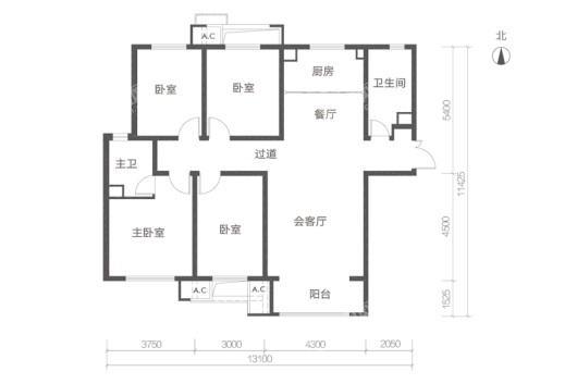 唐庭壹号D1户型 4室2厅2卫1厨