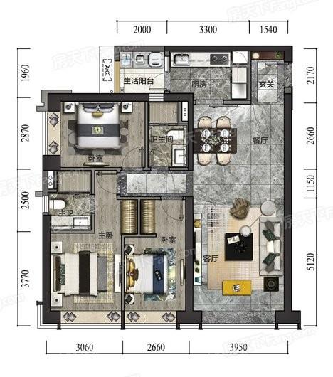 中海·環宇城1栋04户型图 3室2厅2卫1厨