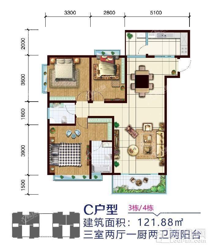 3#7# C户型 三房两厅一厨两卫两阳台  121.88㎡