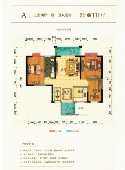 A户型-三房两厅一厨一卫双阳台-111㎡