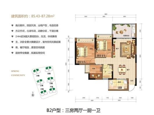 沁园春城B2户型85㎡ 3室2厅1卫1厨