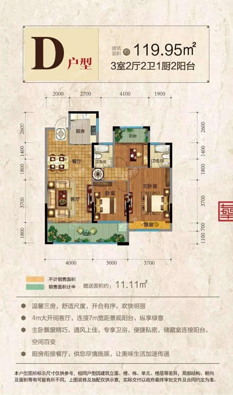 D户型 三房两厅两卫一厨两阳台 119.95㎡