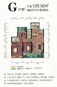 G户型 三房两厅两卫一厨两阳台 129.92㎡