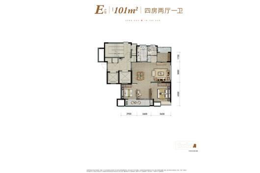 恒厚阳光里E户型101平 4室2厅1卫1厨