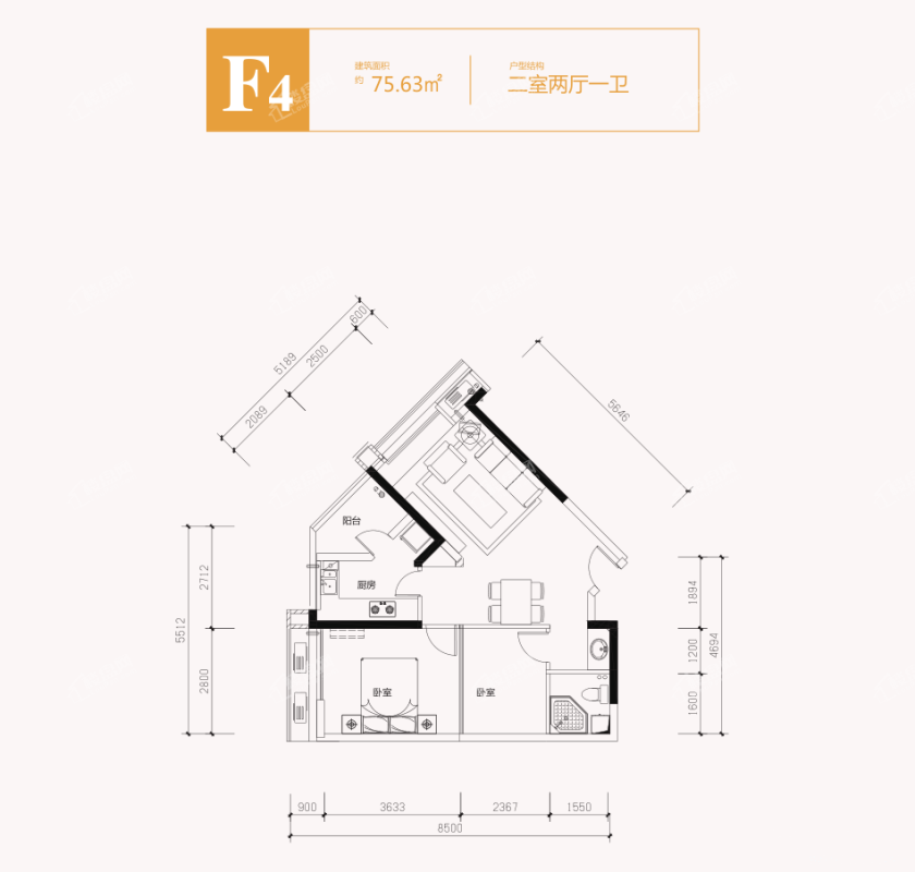  4#F4户型-76.63m²-2室2厅