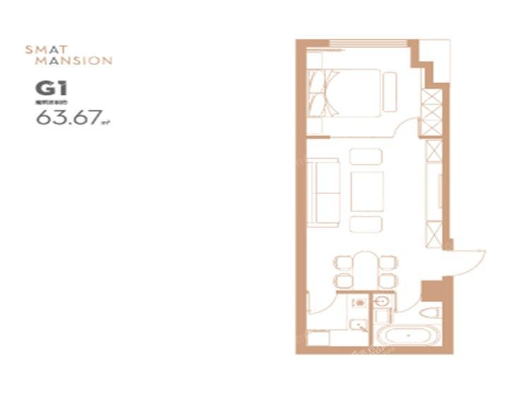 坤腾·理想城 G1，1室1厅1卫，63.67平米（建筑）