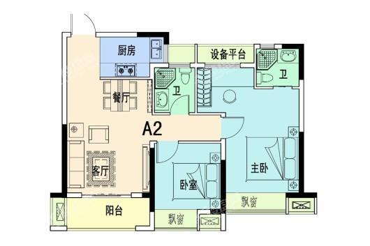 步阳·新港华府A2户型 2室2厅2卫1厨