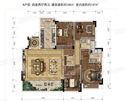 荣安柳岸潮鸣B户型 4室2厅2卫1厨