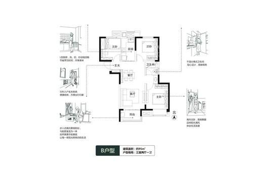 万科城七期B户型 3室2厅1卫1厨