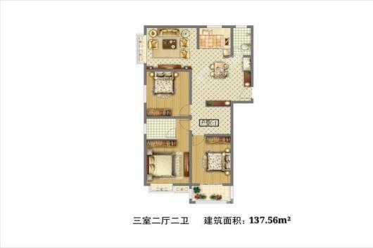 鸿源·桂园户型图c-1 3室2厅2卫1厨