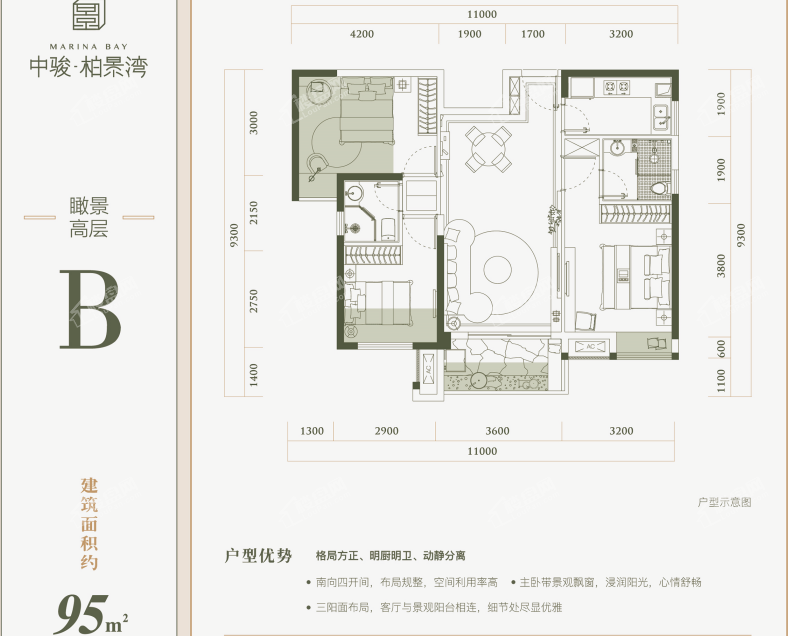 南安中骏柏景湾B户型：95㎡ 三房两厅两卫