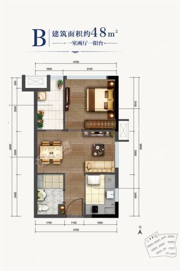 中海珑悦府公寓48㎡户型图 1室2厅1卫1厨