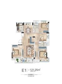 德信江南大院建面约121.25平E1户型 4室2厅2卫1厨