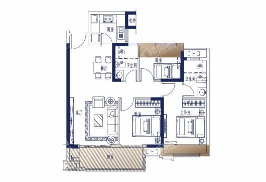 中海阅江府A户型 3室2厅2卫1厨