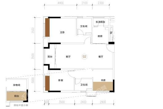 中海云麓公馆32座02/31座01户型102㎡ 3室2厅2卫1厨