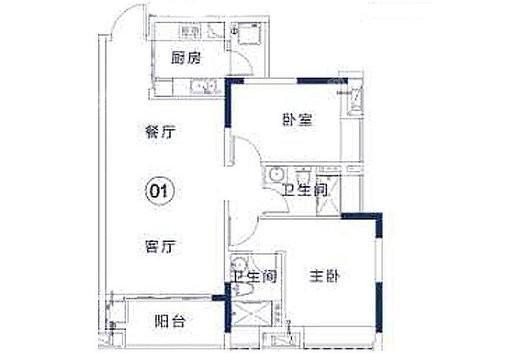 鸿成·珠江玥F栋01户型 2室2厅2卫1厨