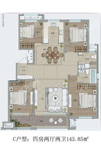 恒信绿城·春风江南C户型：四房两厅两卫143.85㎡ 4室2厅2卫1厨