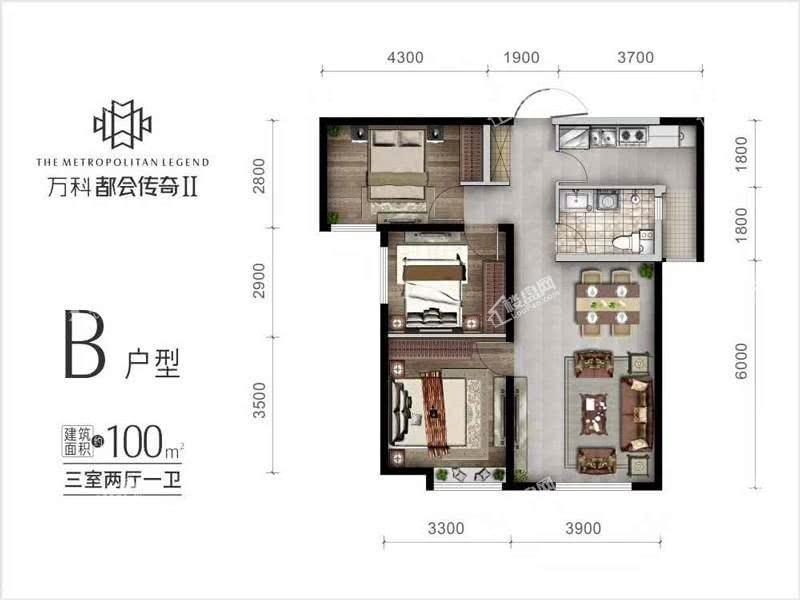 B户型3室1厅1卫100平米