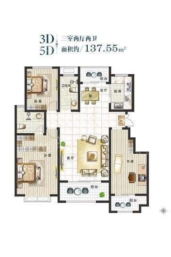 弘基·幸福里3D5D三室两厅两卫 3室2厅2卫1厨